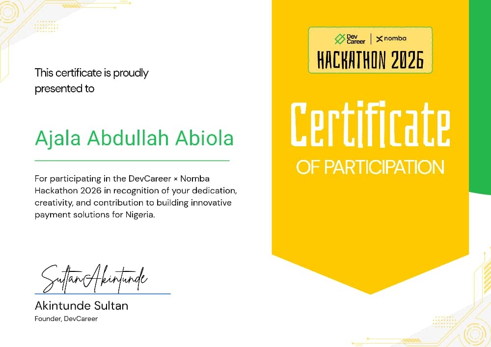 DevCareer x Nomba Hackathon 2026 Certificate of Participation