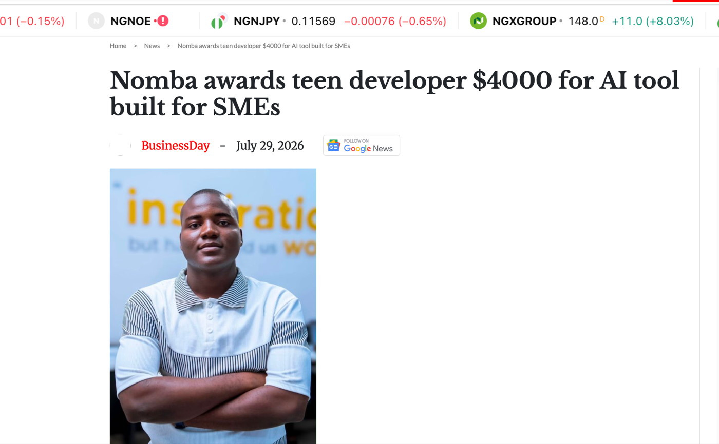 BusinessDay article: Nomba awards teen developer $4000 for AI tool built for SMEs