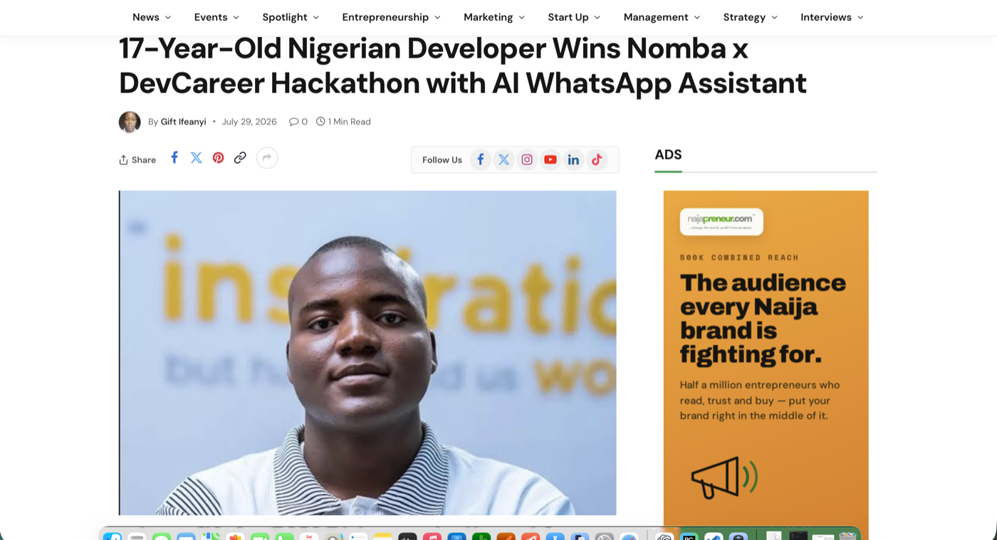 Naijapreneur article: 17-year-old Nigerian developer wins Nomba x DevCareer hackathon with AI WhatsApp assistant