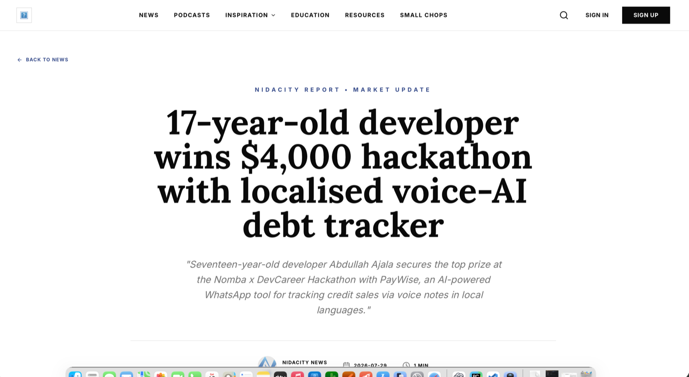Nidacity article: 17-year-old developer wins $4,000 hackathon with localised voice-AI debt tracker