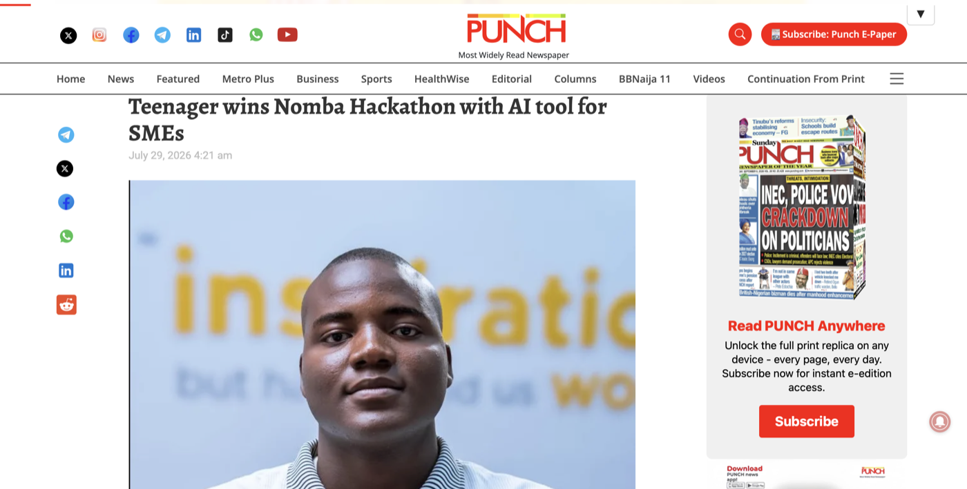 Punch Newspapers article: Teenager wins Nomba Hackathon with AI tool for SMEs