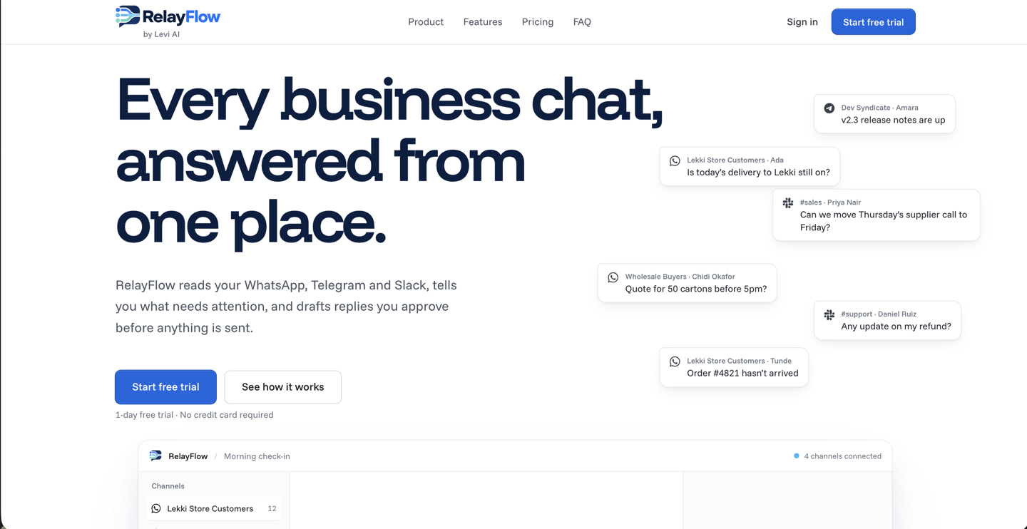 RelayFlow — one AI agent across every business chat